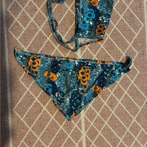 Blue and Orange Infant Bonnet and Bib